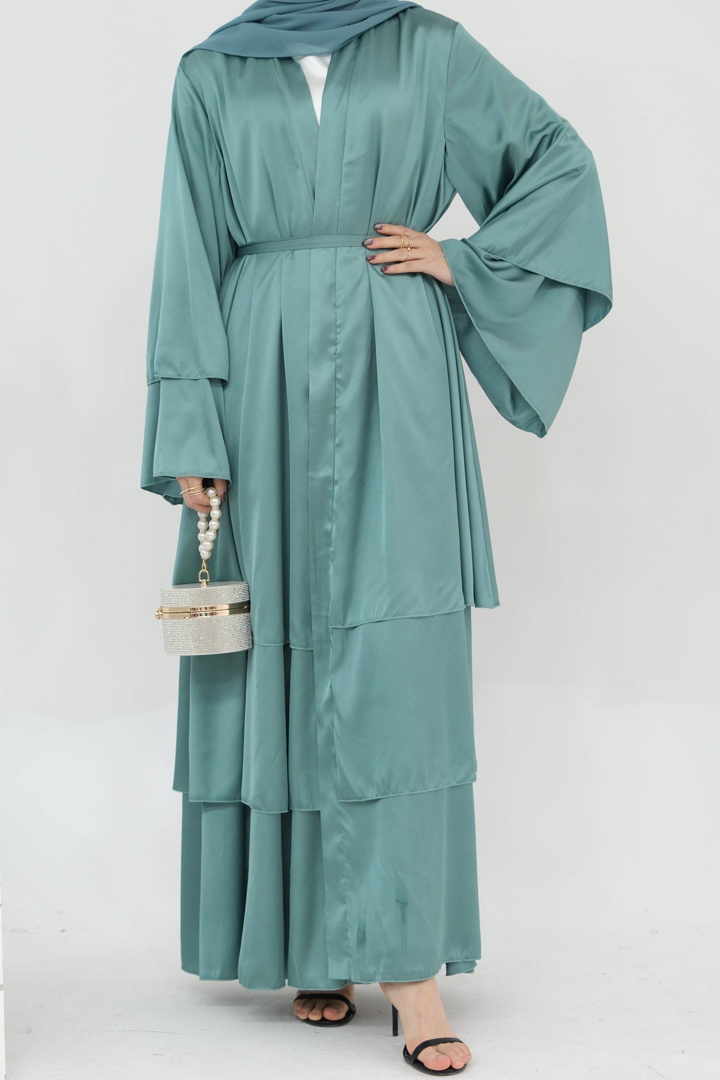 Lakia Satin Bell sleeves Modest Open Abaya 706 - LightSeaGreen