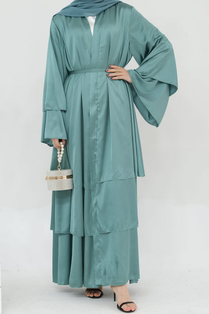 Lakia Satin Bell sleeves Modest Open Abaya 706 - LightSeaGreen