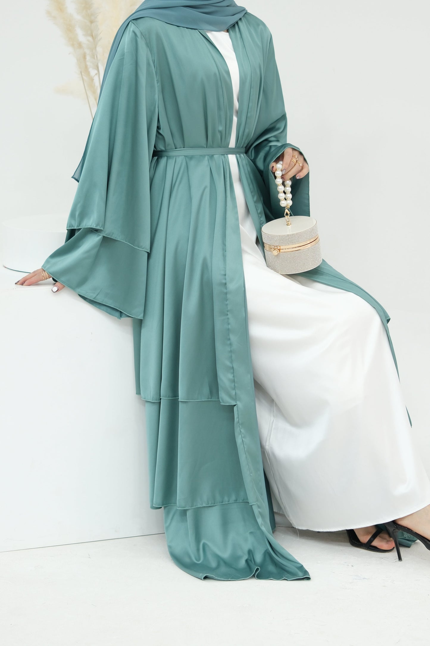 Lakia Satin Bell sleeves Modest Open Abaya 706 - LightSeaGreen