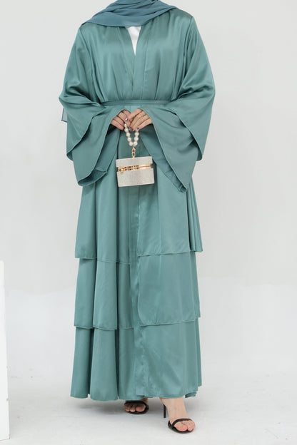 Lakia Satin Bell sleeves Modest Open Abaya 706 - LightSeaGreen