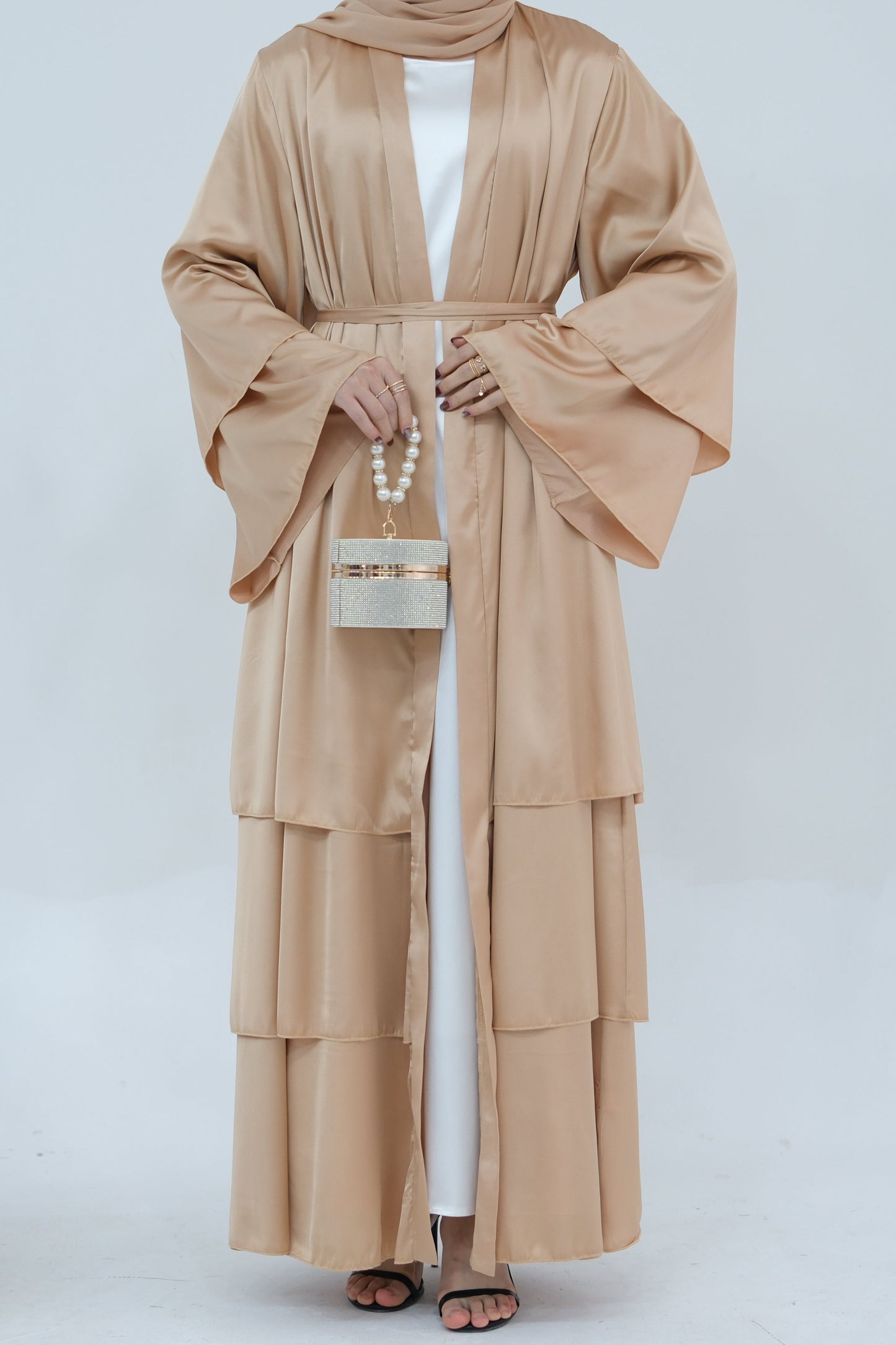Lakia Satin Bell sleeves Modest Open Abaya 706 - BlanchedAlmond