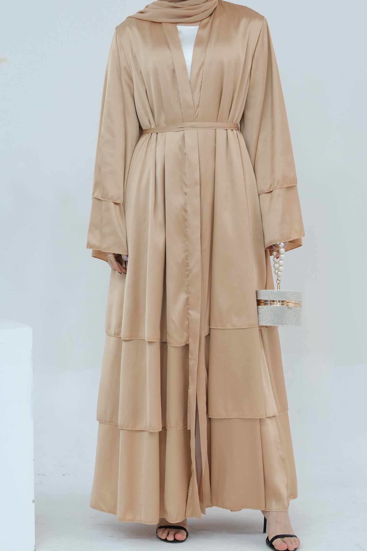 Lakia Satin Bell sleeves Modest Open Abaya 706 - BlanchedAlmond