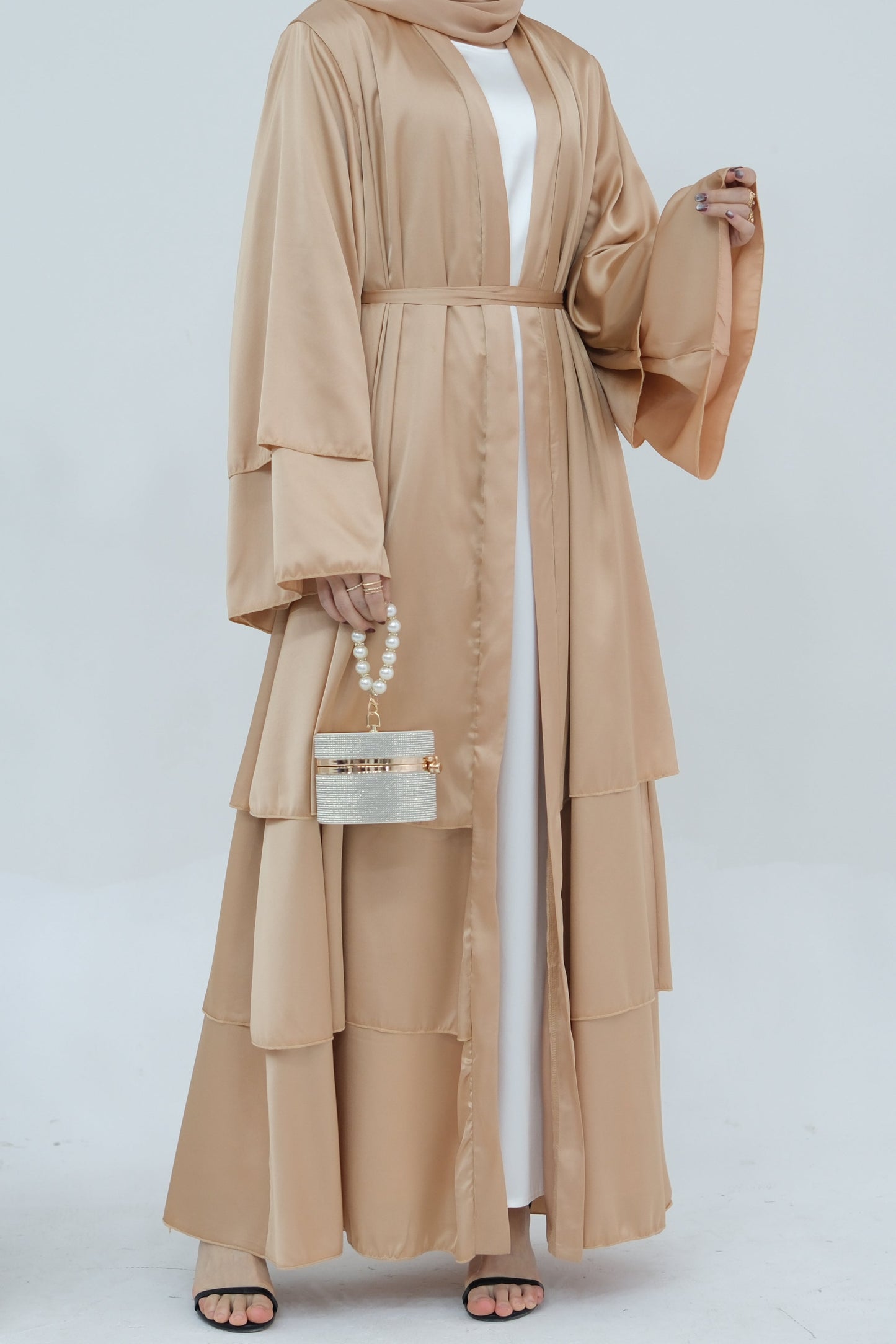 Lakia Satin Bell sleeves Modest Open Abaya 706 - BlanchedAlmond