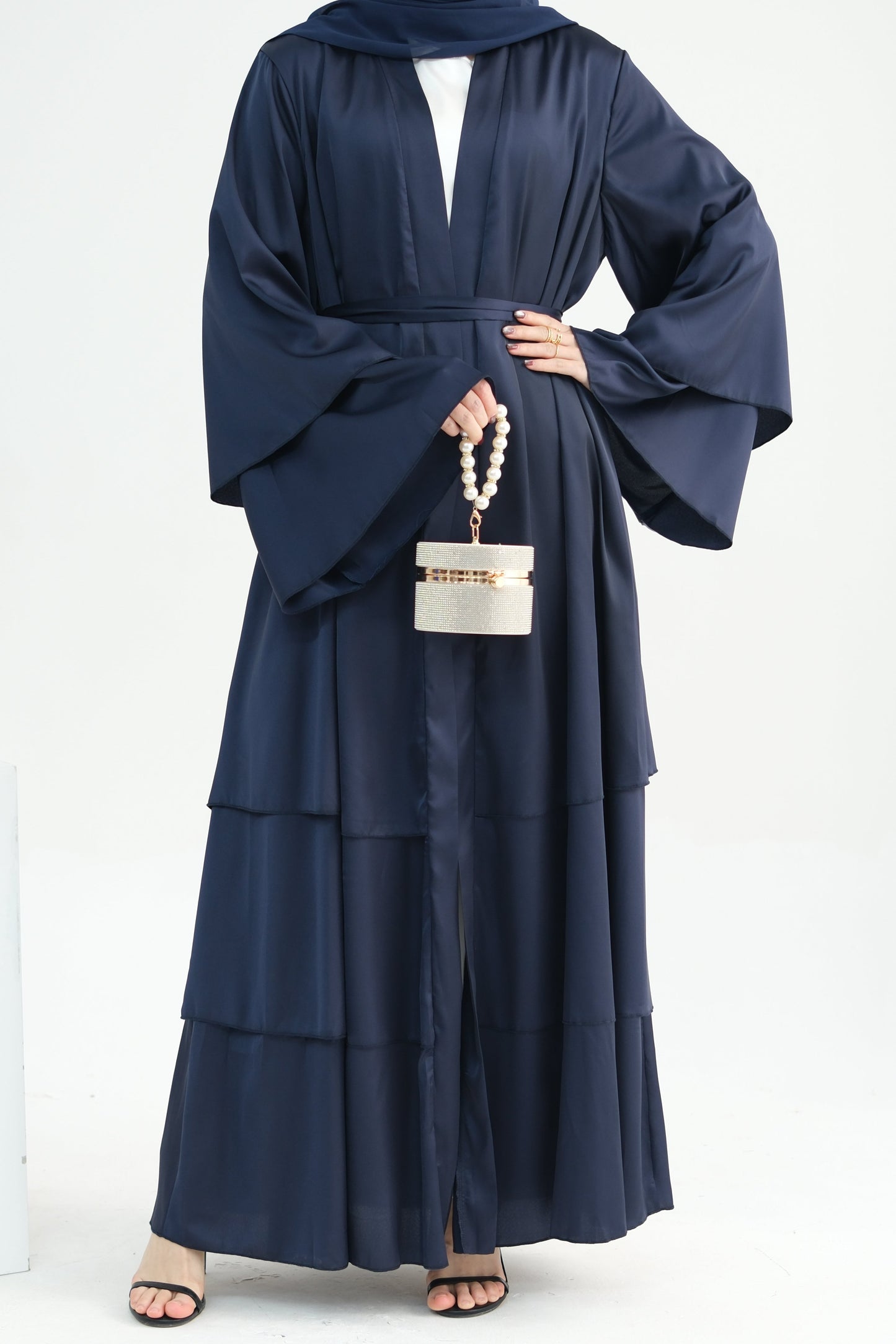 Lakia Satin Bell sleeves Modest Open Abaya 706 - Navy