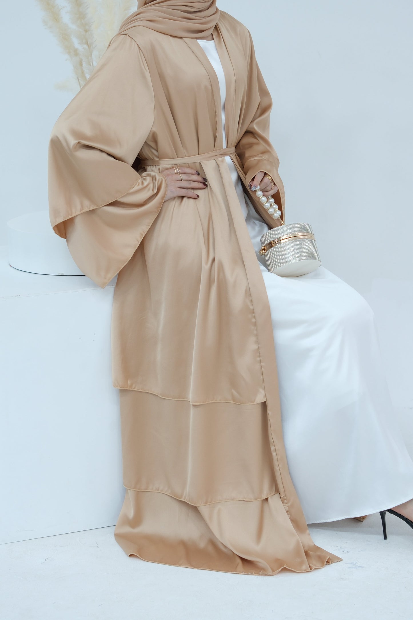 Lakia Satin Bell sleeves Modest Open Abaya 706 - BlanchedAlmond