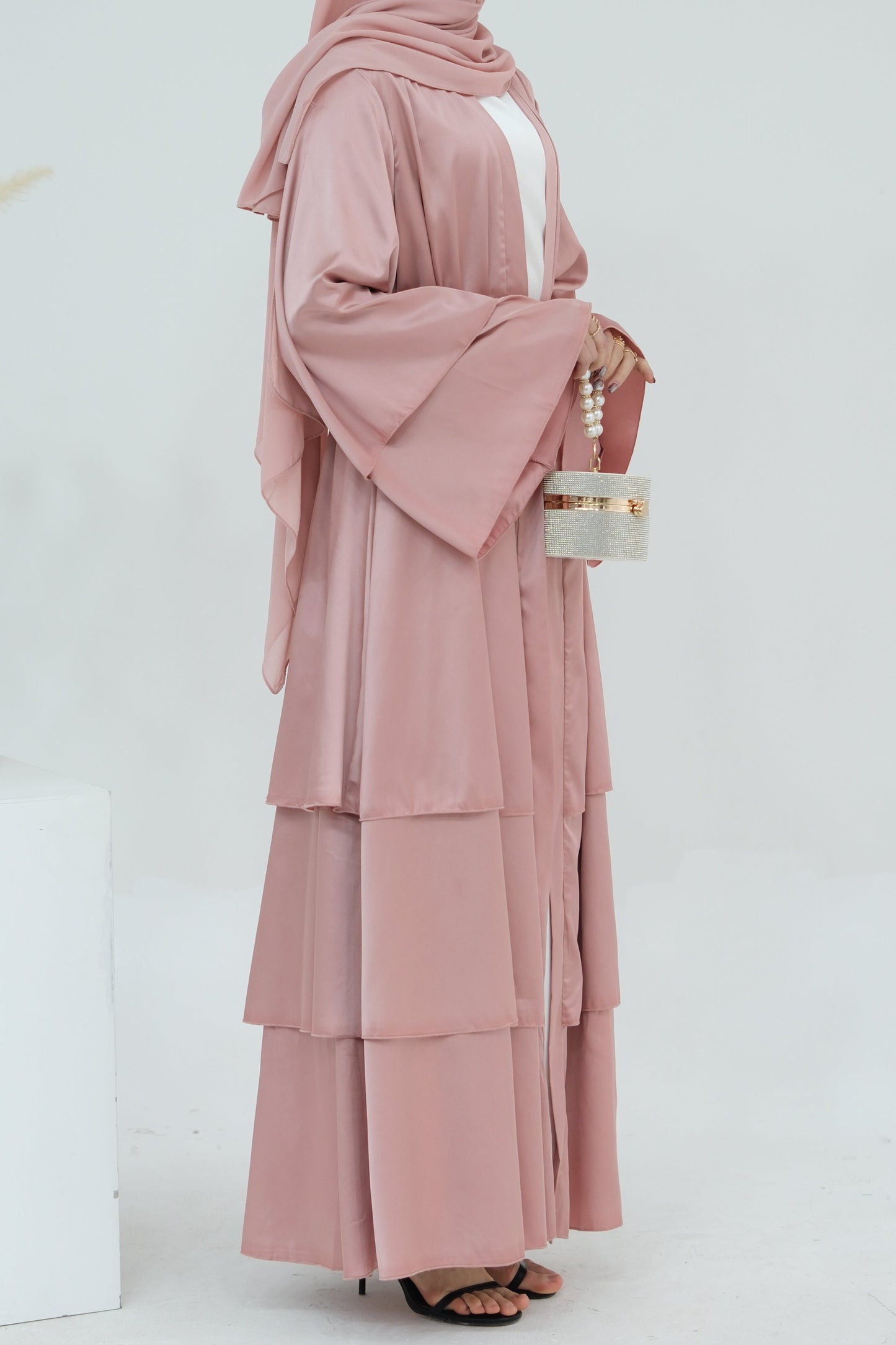 Lakia Satin Bell sleeves Modest Open Abaya 706 - Pink
