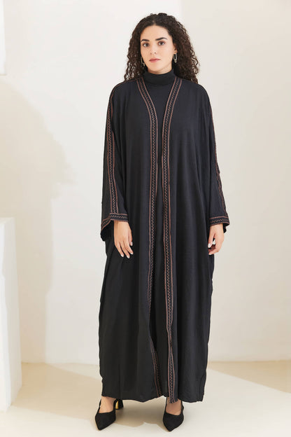 Rahma Cotton Bat Sleeve Modest Open Abaya 613 - Black