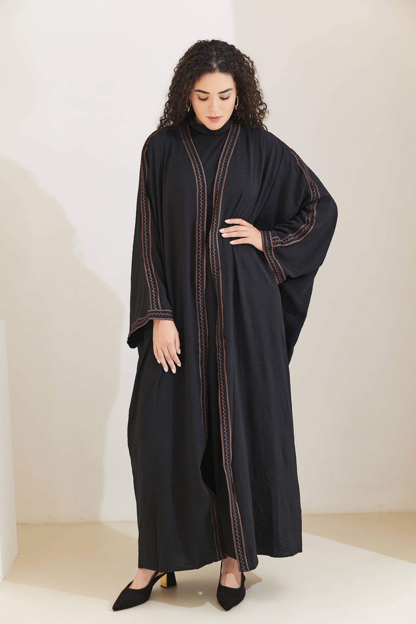 Rahma Cotton Bat Sleeve Modest Open Abaya 613 - Black