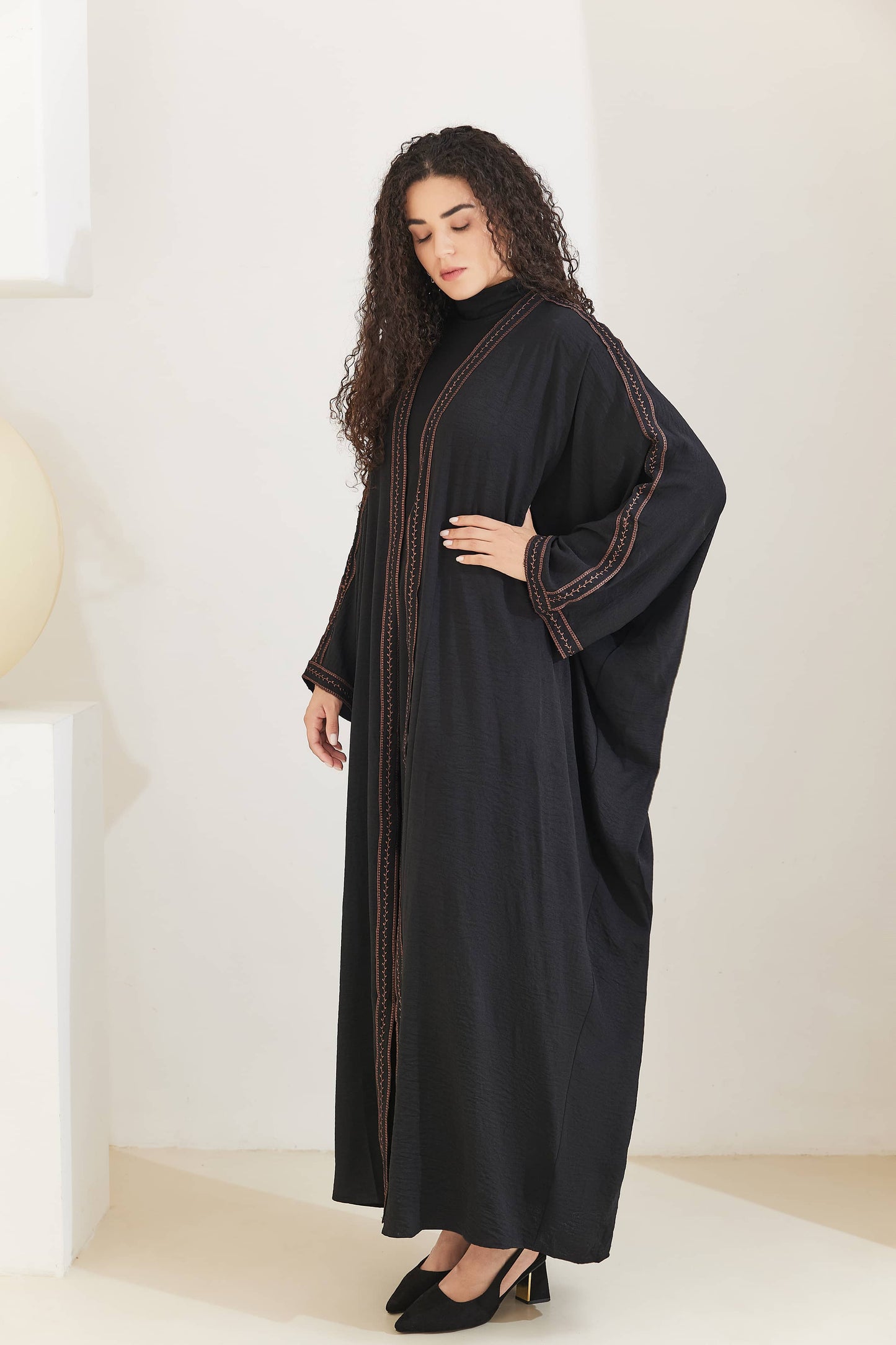 Rahma Cotton Bat Sleeve Modest Open Abaya 613 - Black