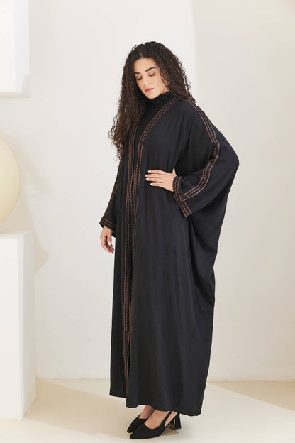 Rahma Cotton Bat Sleeve Modest Open Abaya 613 - Black