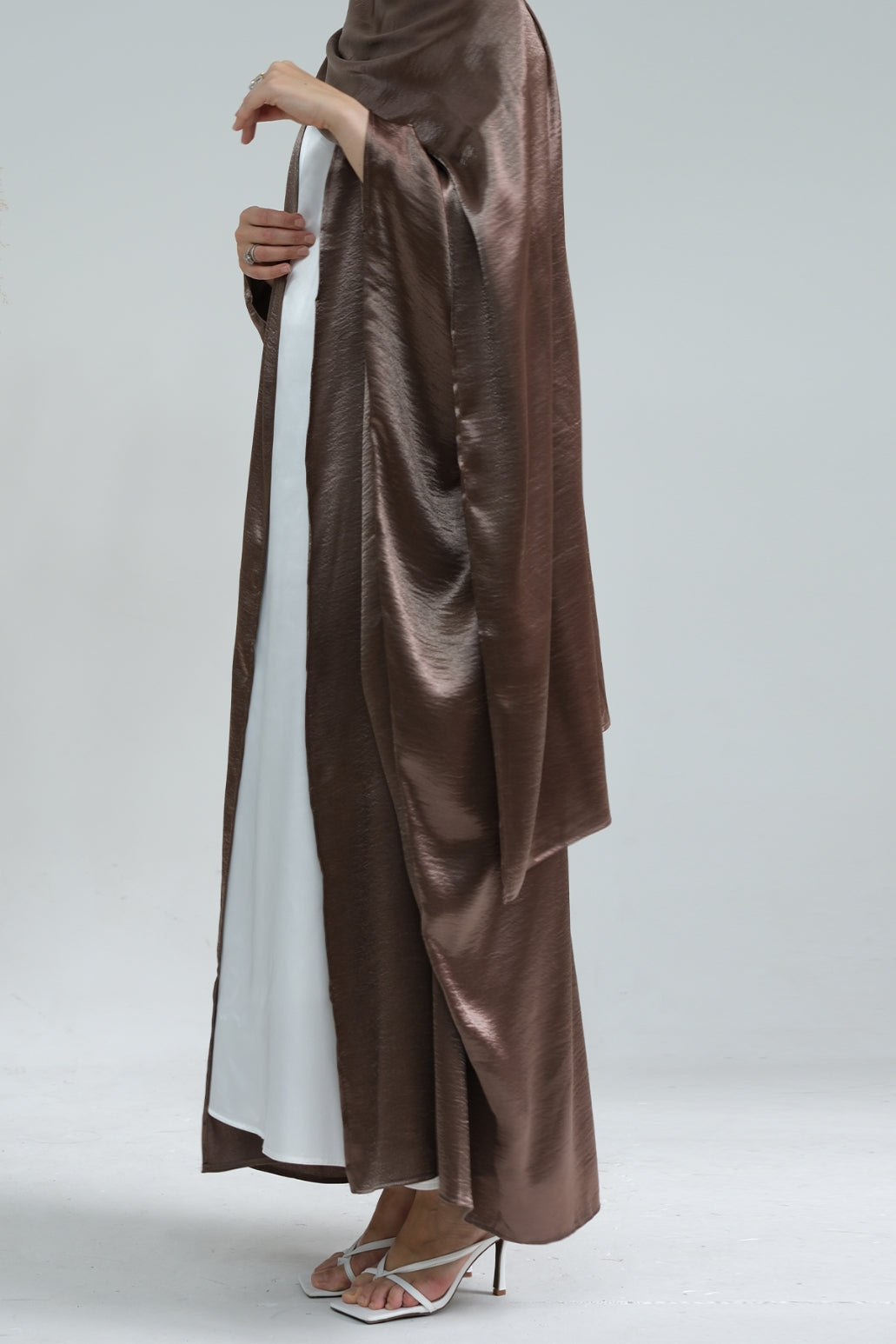 Syntia Shiny Satin Modest Open Abaya 636 - Coffee
