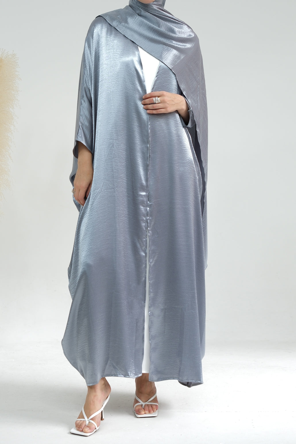 Syntia Shiny Satin Modest Open Abaya 636 - Grey
