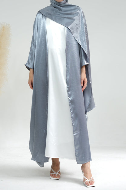 Syntia Shiny Satin Modest Open Abaya 636 - Grey