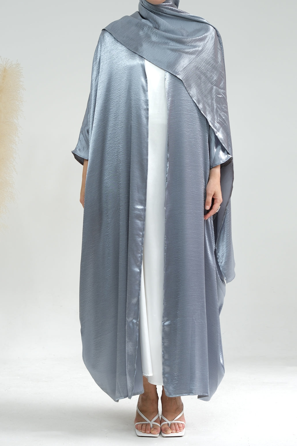 Syntia Shiny Satin Modest Open Abaya 636 - Grey