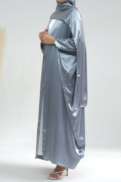 Syntia Shiny Satin Modest Open Abaya 636 - Grey