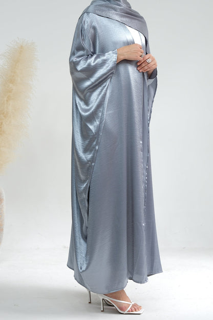 Syntia Shiny Satin Modest Open Abaya 636 - Grey