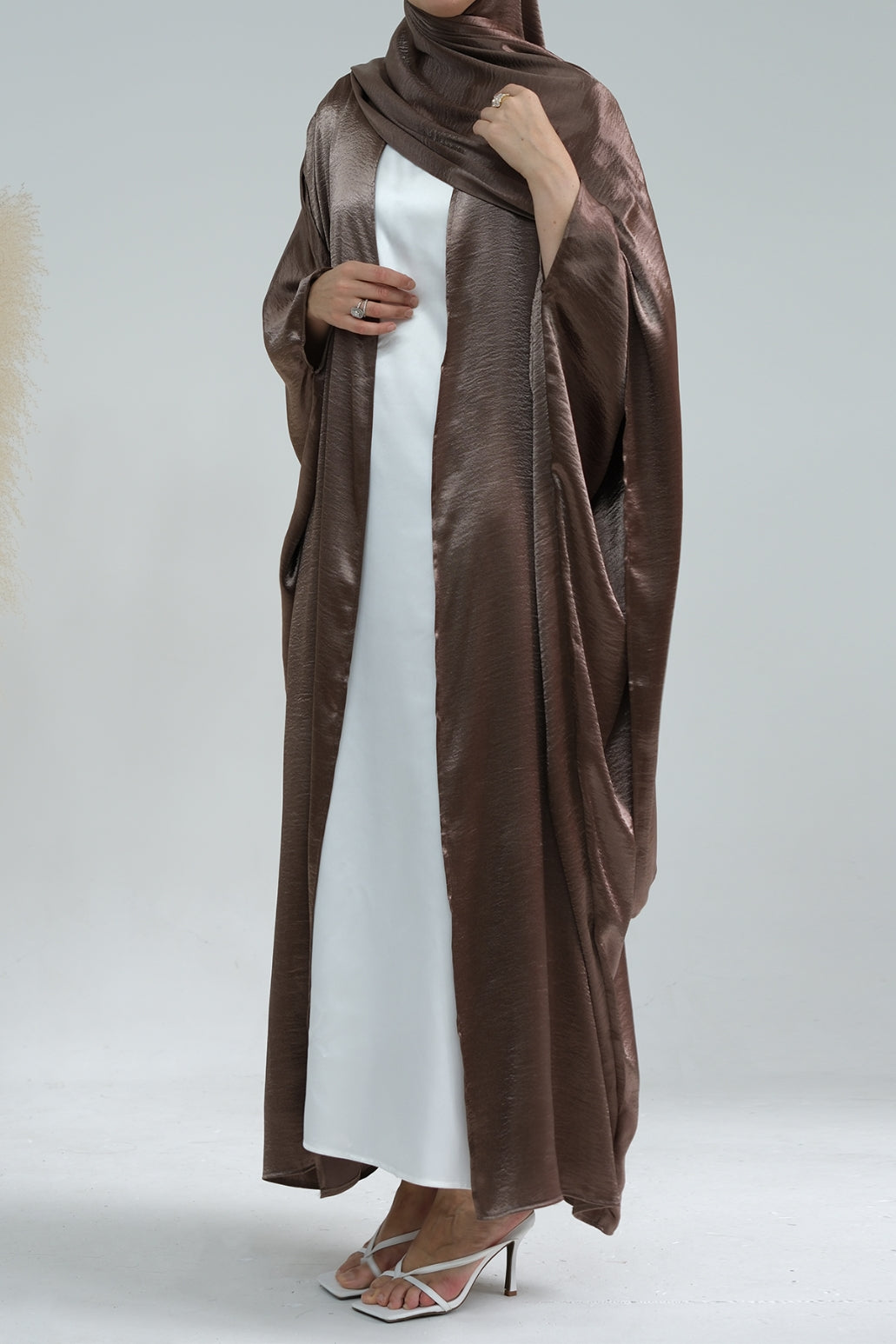 Syntia Shiny Satin Modest Open Abaya 636 - Coffee