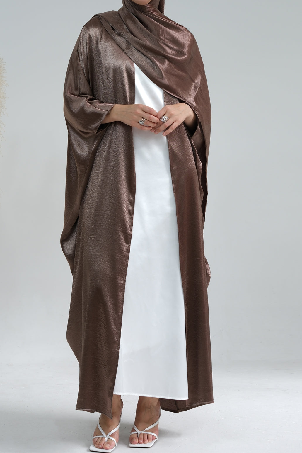Syntia Shiny Satin Modest Open Abaya 636 - Coffee