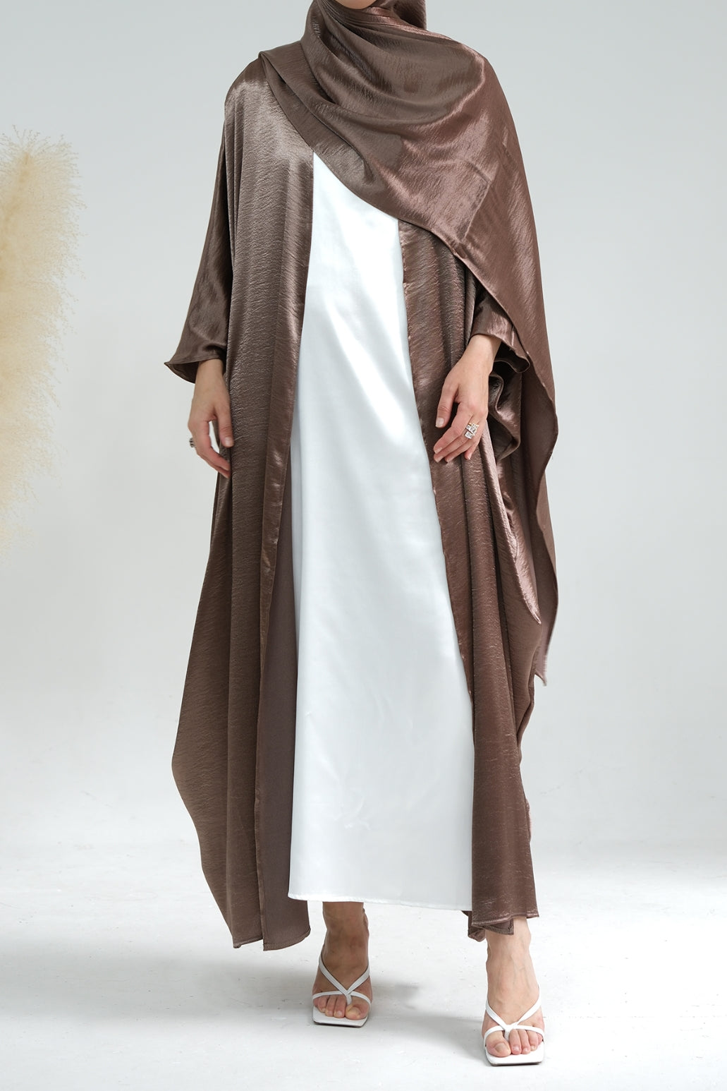 Syntia Shiny Satin Modest Open Abaya 636 - Coffee
