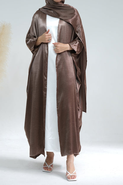 Syntia Shiny Satin Modest Open Abaya 636 - Coffee