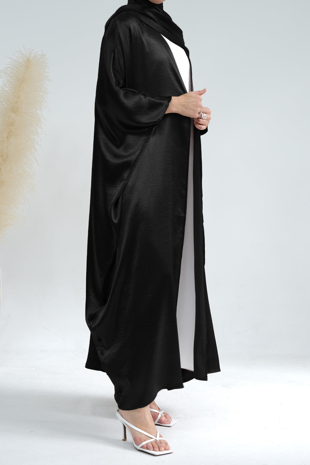 Syntia Shiny Satin Modest Open Abaya 636 - Black