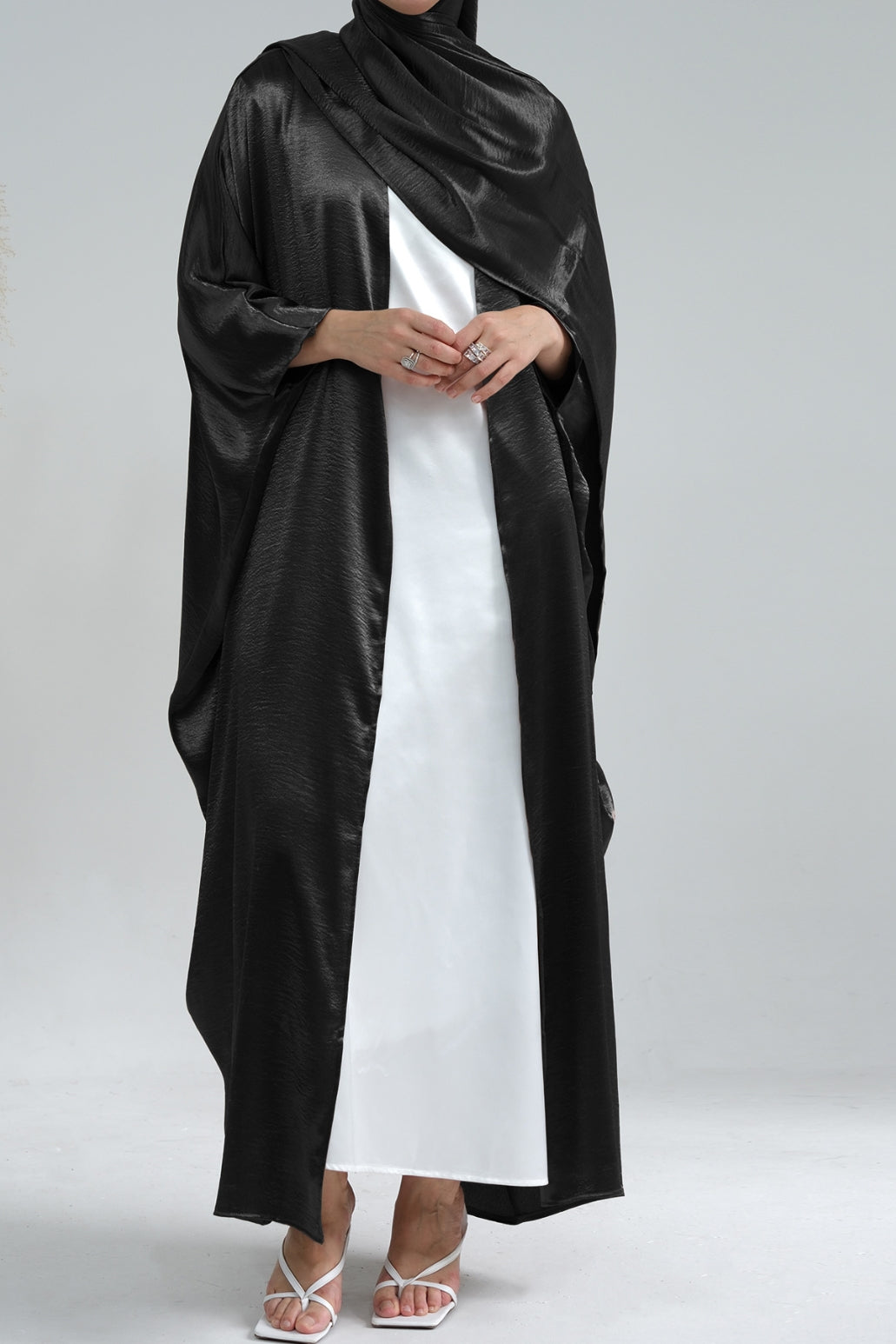 Syntia Shiny Satin Modest Open Abaya 636 - Black