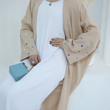 Hasna Heart Pattern Embroidery Linen Modest Open Abaya 712 - Khaki
