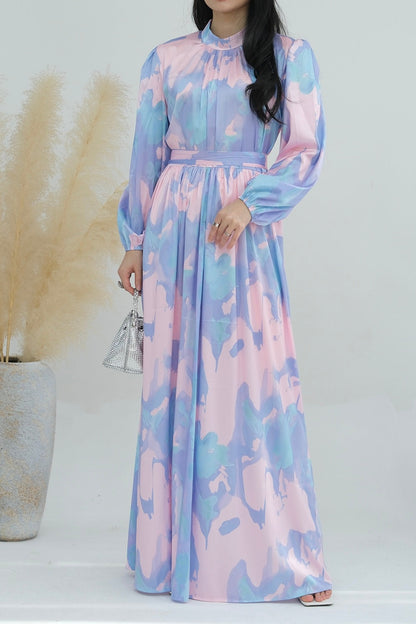 Nafisa Tie-Dye Lantern Sleeve Maxi Dress Abaya with High Collar and Belt 720