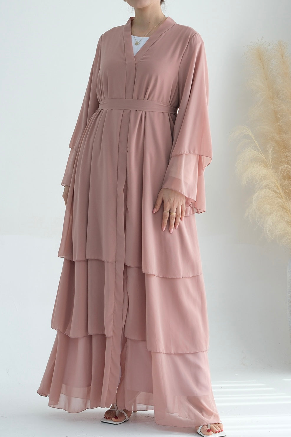 Shiza Chiffon Three Tiered Open Abaya with belt 750 - Pink