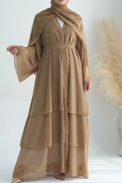 Shiza Chiffon Three Tiered Open Abaya with belt 750 - Khaki