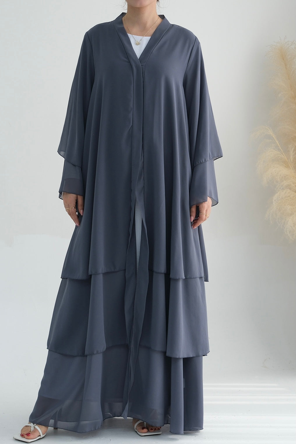 Shiza Chiffon Three Tiered Open Abaya With Belt 750 - Dark Gray