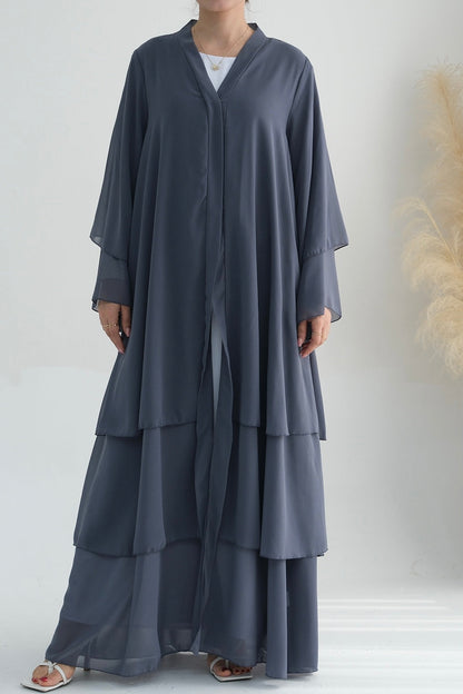 Shiza Chiffon Three Tiered Open Abaya With Belt 750 - Dark Gray