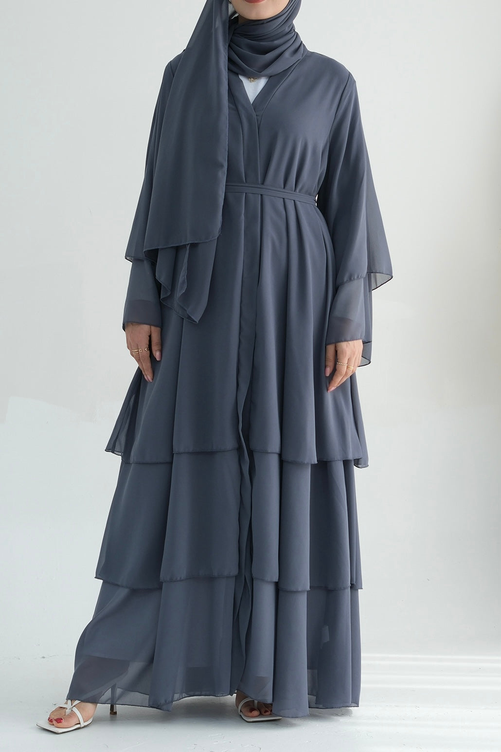 Shiza Chiffon Three Tiered Open Abaya With Belt 750 - Dark Gray