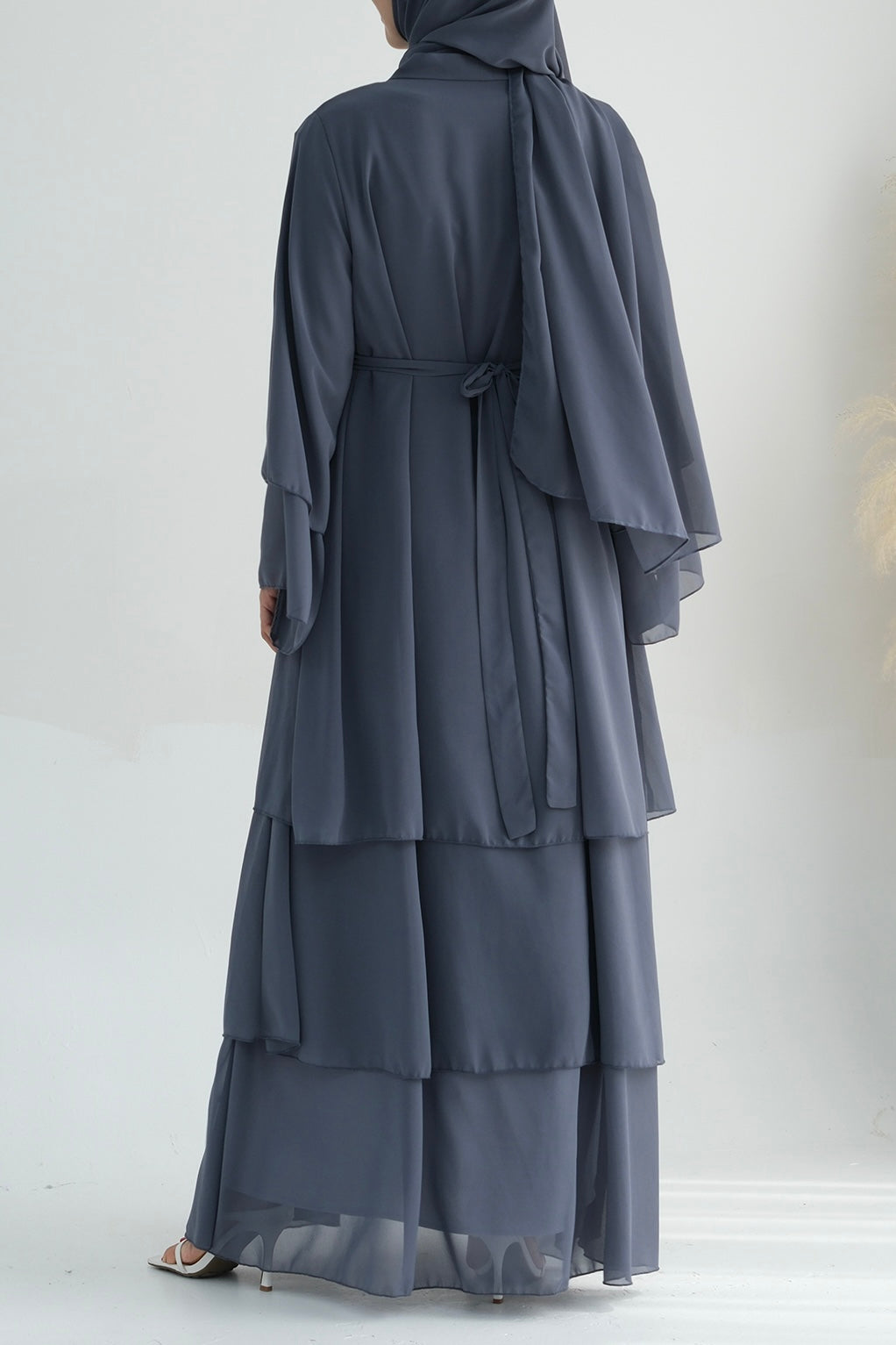 Shiza Chiffon Three Tiered Open Abaya With Belt 750 - Dark Gray