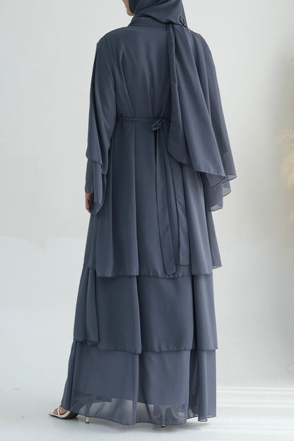 Shiza Chiffon Three Tiered Open Abaya With Belt 750 - Dark Gray