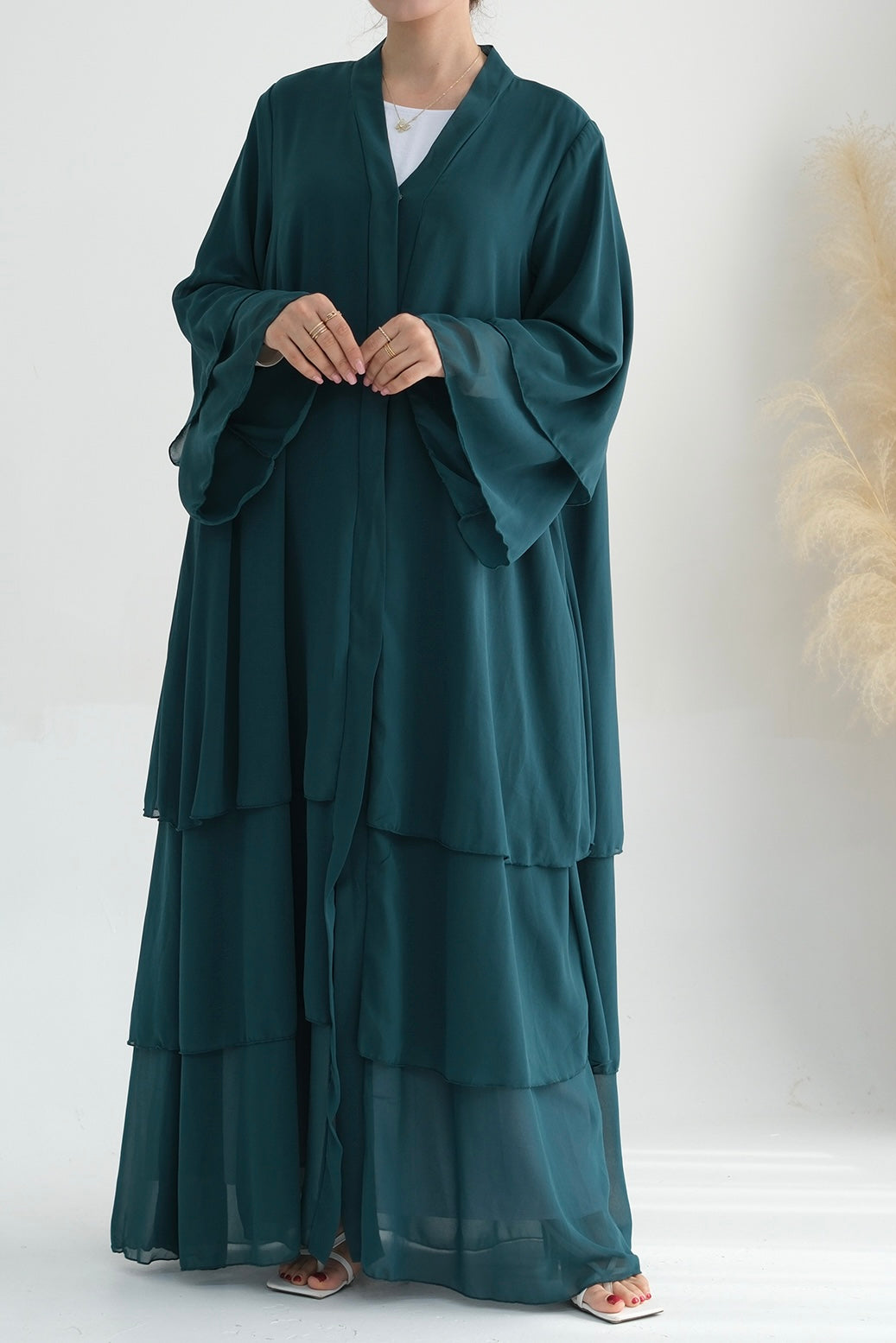 Shiza Chiffon Three-tiered Open Abaya with belt 750 - Dark Green