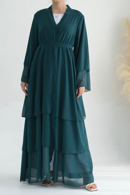 Shiza Chiffon Three-tiered Open Abaya with belt 750 - Dark Green