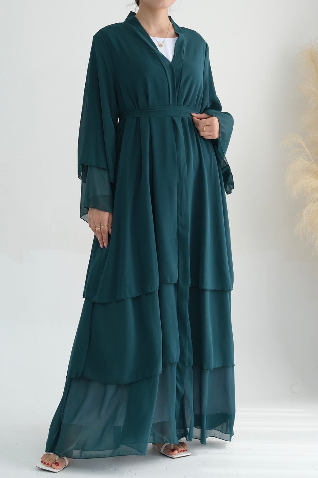 Shiza Chiffon Three-tiered Open Abaya with belt 750 - Dark Green