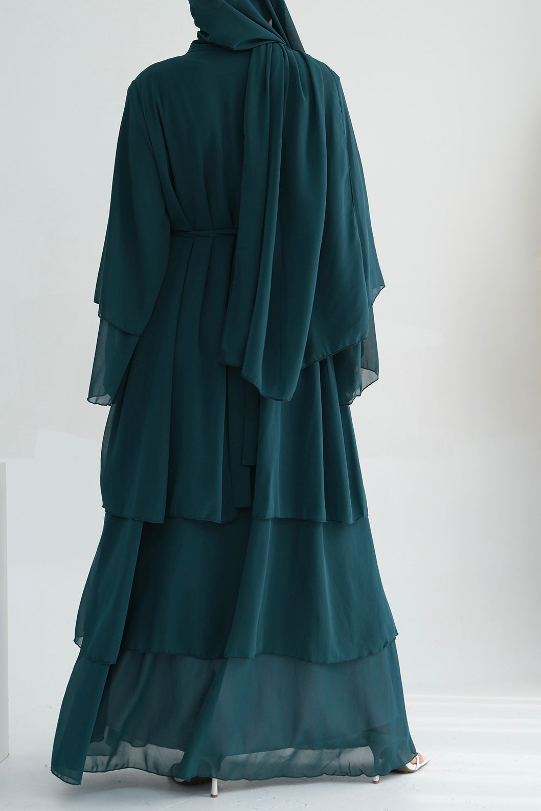 Shiza Chiffon Three-tiered Open Abaya with belt 750 - Dark Green