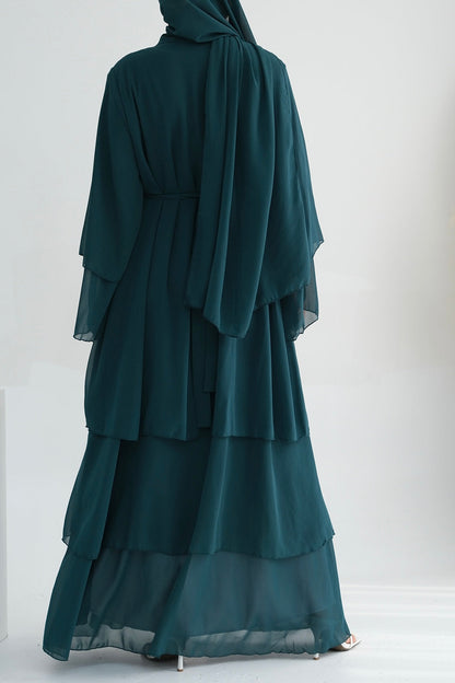 Shiza Chiffon Three-tiered Open Abaya with belt 750 - Dark Green