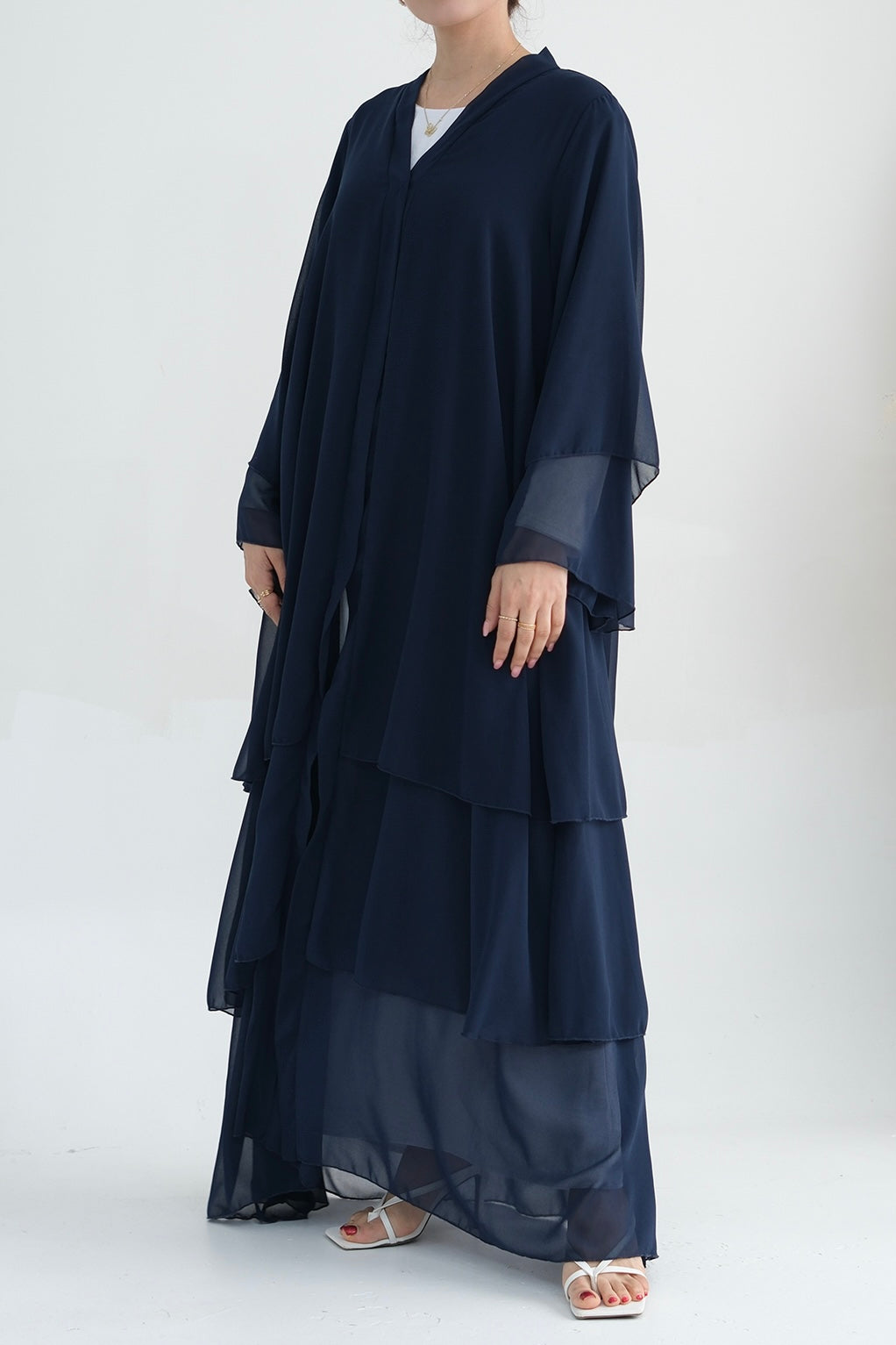 Shiza Chiffon Three-tiered Open abaya with belt 750 - Dark Blue