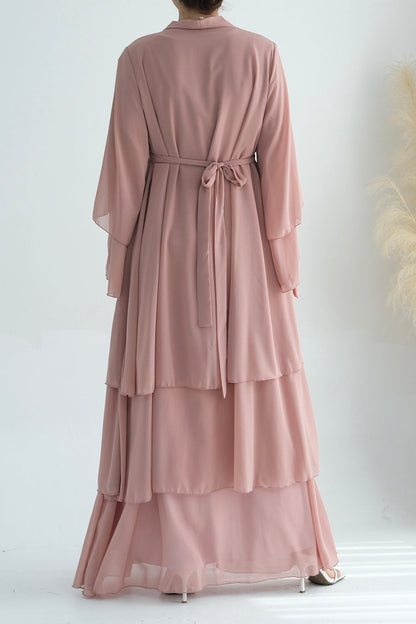 Shiza Chiffon Three Tiered Open Abaya with belt 750 - Pink