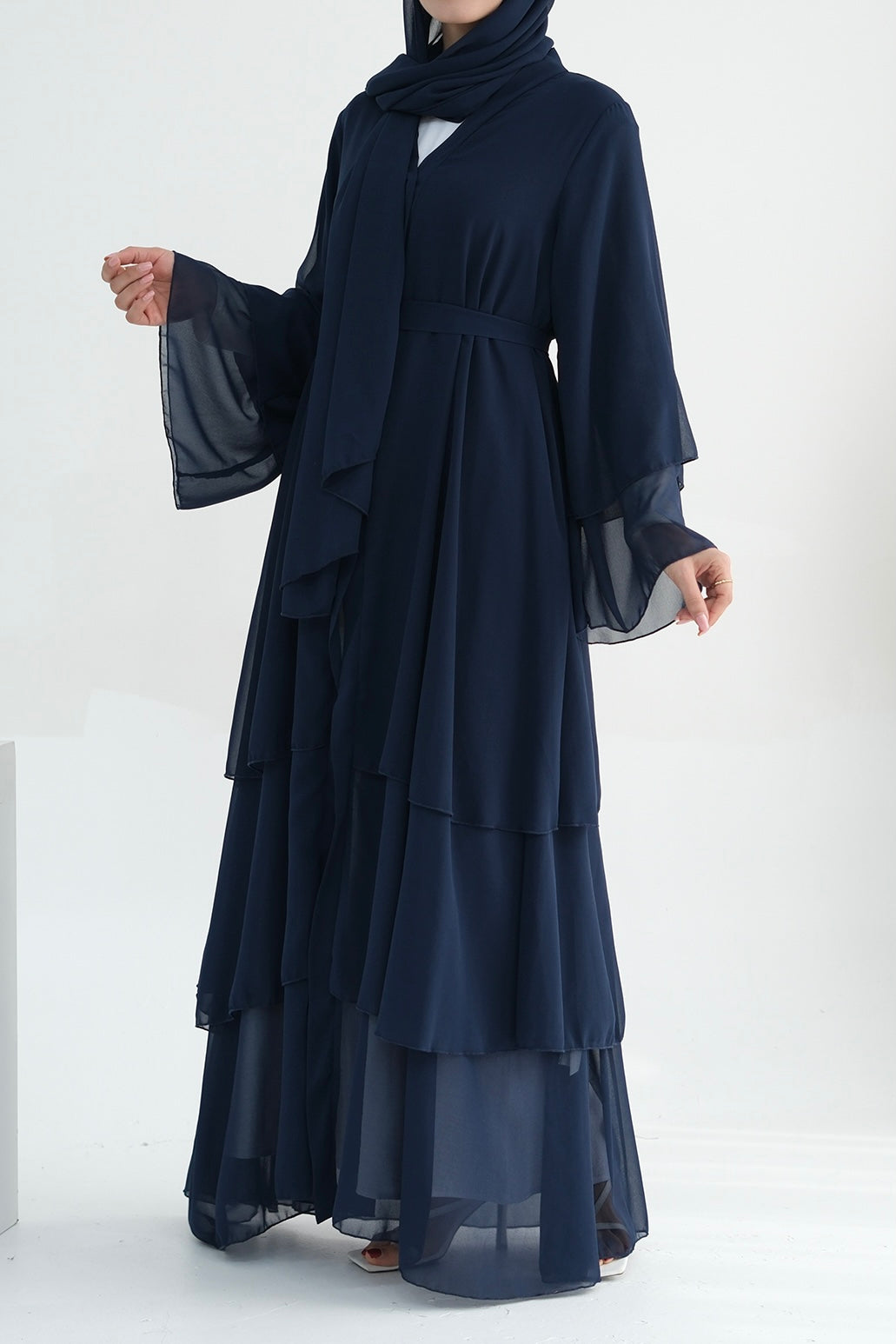 Shiza Chiffon Three-tiered Open abaya with belt 750 - Dark Blue