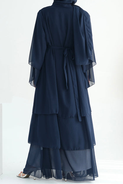 Shiza Chiffon Three-tiered Open abaya with belt 750 - Dark Blue