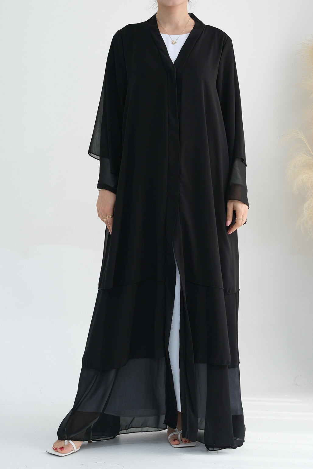 Shiza Chiffon Three-Tiered Open Abaya with belt 750 - Black