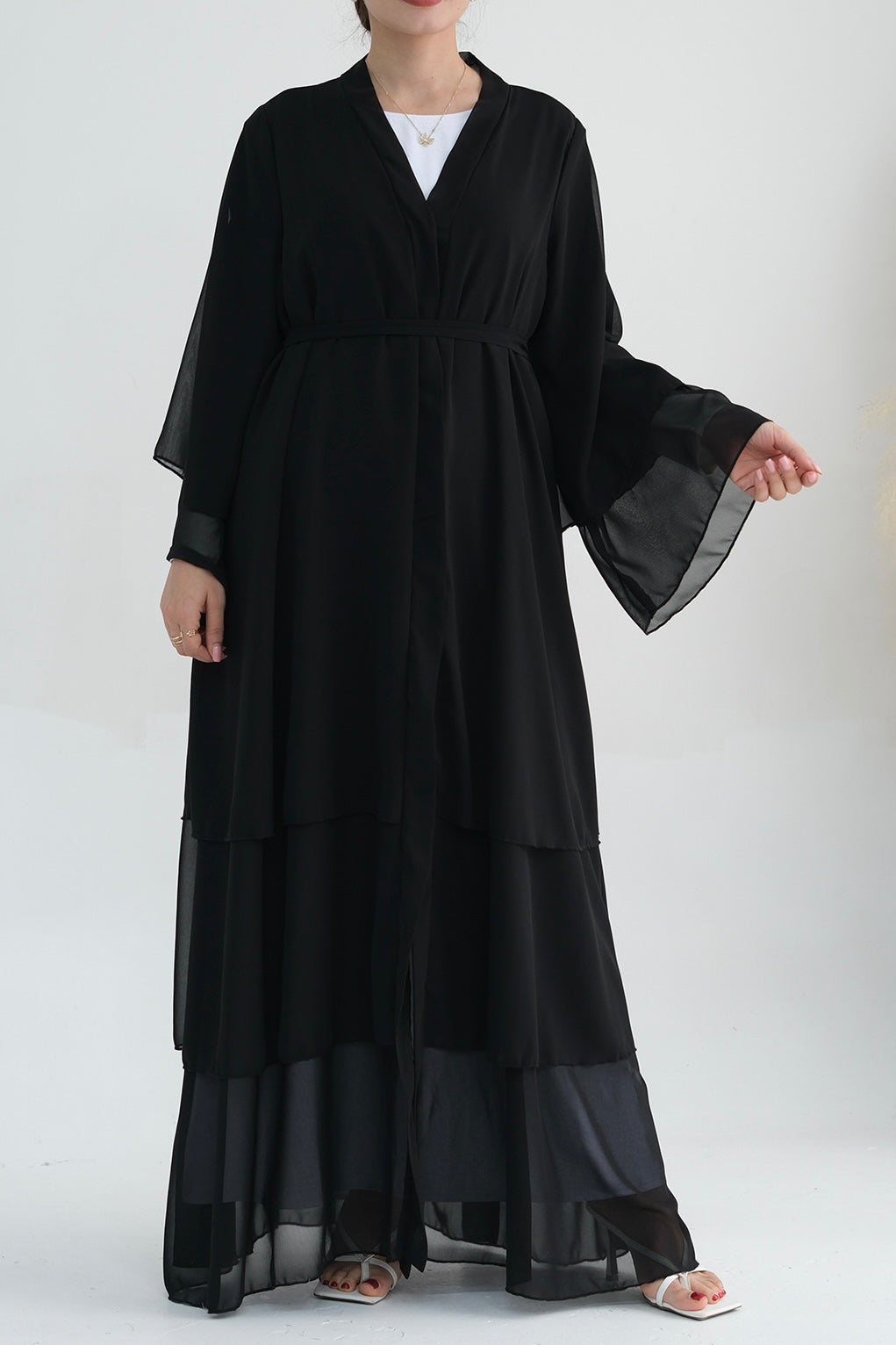 Shiza Chiffon Three-Tiered Open Abaya with belt 750 - Black