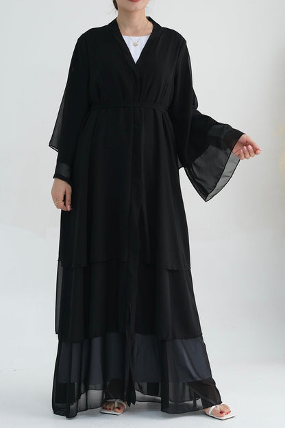 Shiza Chiffon Three-Tiered Open Abaya with belt 750 - Black