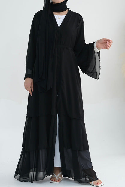 Shiza Chiffon Three-Tiered Open Abaya with belt 750 - Black