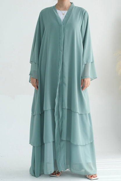 Shiza Chiffon Three Tiered Open Abaya with belt 750 - Light Green