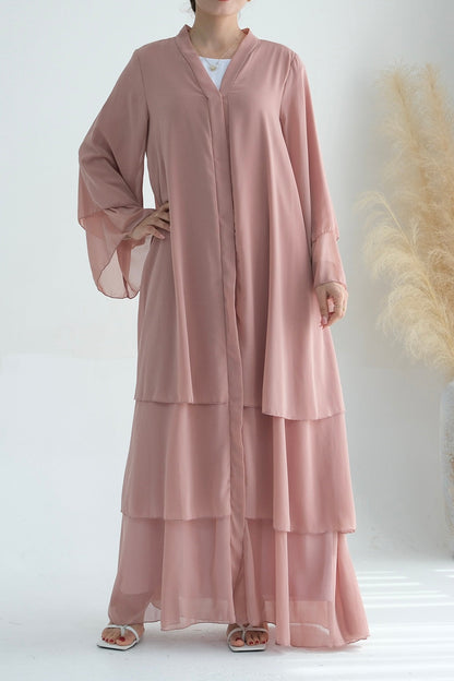 Shiza Chiffon Three Tiered Open Abaya with belt 750 - Pink